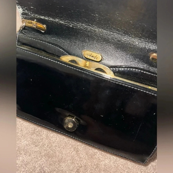 Vintage Ande' Mid Century Black patent leather Quilted Purse W shoulder strap - Picture 5 of 12